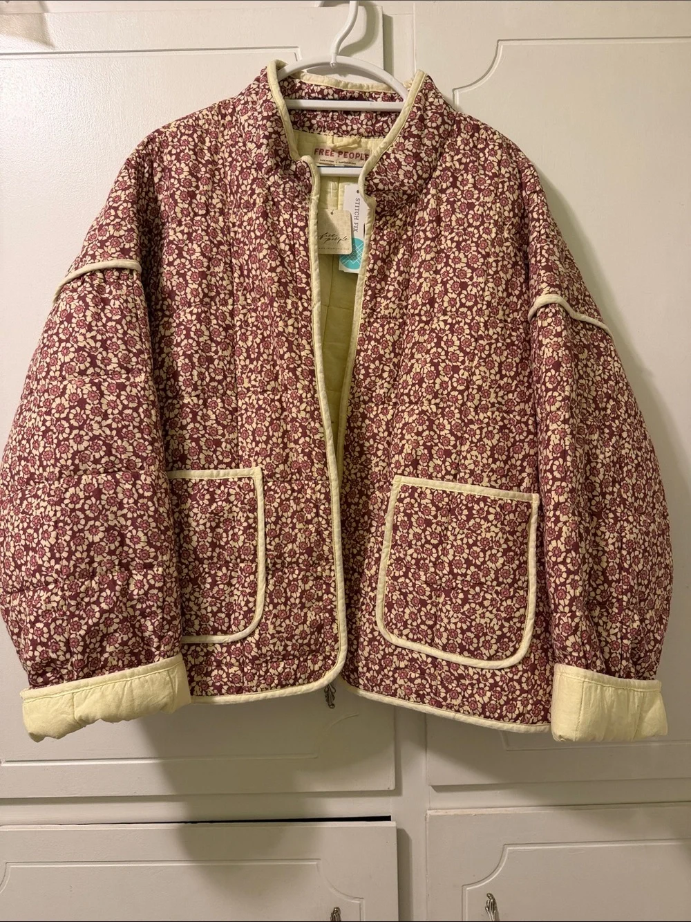 Free People Floral Quilted Puffer Jacket in Burgundy and Cream